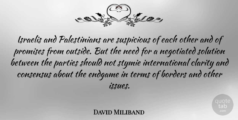 David Miliband Quote About Borders, Consensus, Endgame, Israelis, Parties: Israelis And Palestinians Are Suspicious...