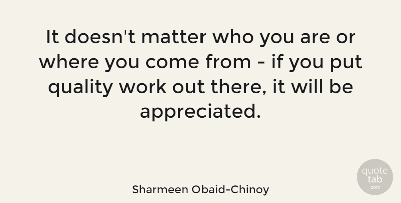 Sharmeen Obaid-Chinoy Quote About Work Out, Quality, Where You Come: It Doesnt Matter Who You...
