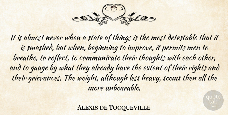 Alexis de Tocqueville Quote About Men, Rights, Gauges: It Is Almost Never When...