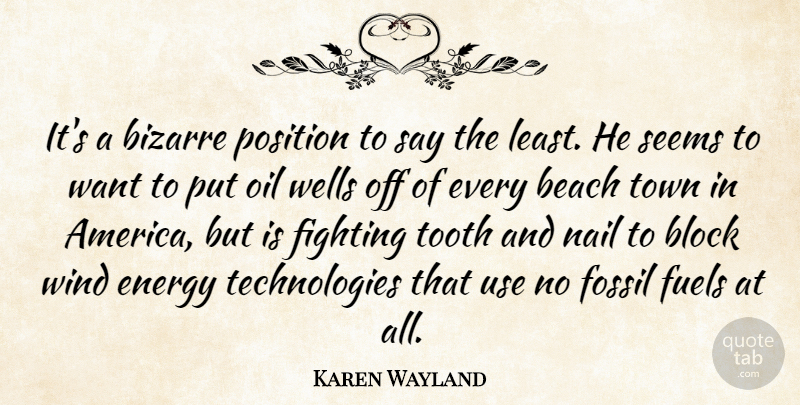Karen Wayland Quote About Beach, Bizarre, Block, Energy, Fighting: Its A Bizarre Position To...