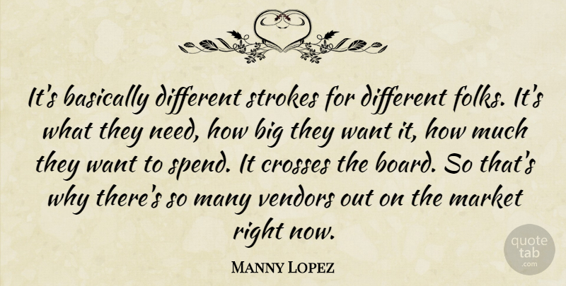 Manny Lopez Quote About Basically, Crosses, Market, Strokes: Its Basically Different Strokes For...