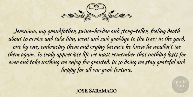 Jose Saramago Quote About Goodbye, Gratitude, Grateful: Jeronimo My Grandfather Swine Herder...