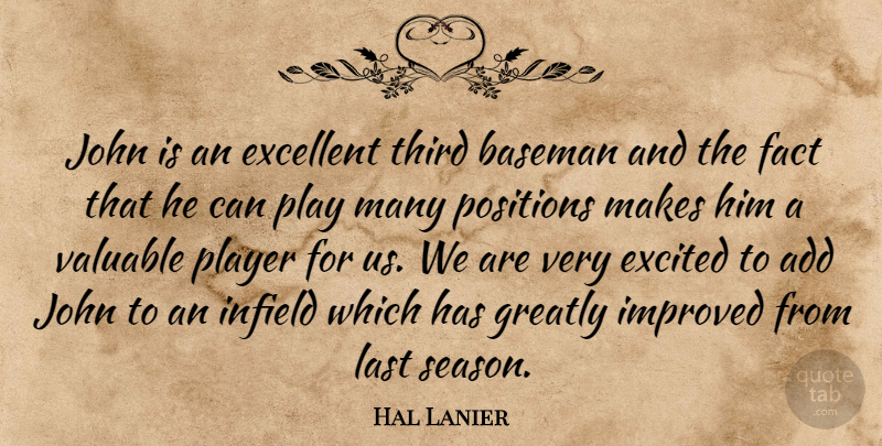 Hal Lanier Quote About Add, Baseman, Excellent, Excited, Fact: John Is An Excellent Third...
