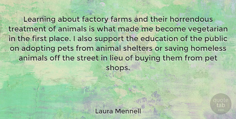 Laura Mennell Quote About Animal, Support, Pet: Learning About Factory Farms And...
