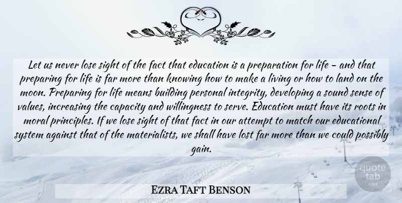 Ezra Taft Benson Quote About Integrity, Educational, Mean: Let Us Never Lose Sight...