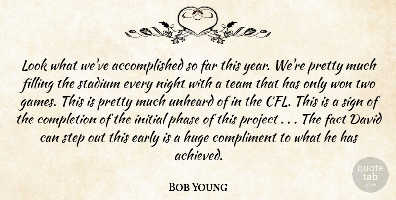 Bob Young Quote About Completion, Compliment, Compliments, David, Early: Look What Weve Accomplished So...