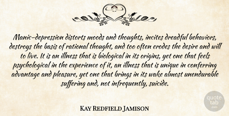 Kay Redfield Jamison Quote About Suicide, Unique, Bipolar: Manic Depression Distorts Moods And...