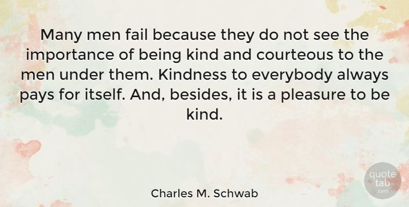 Charles M. Schwab Quote About Courteous, Everybody, Importance, Men, Pays: Many Men Fail Because They...