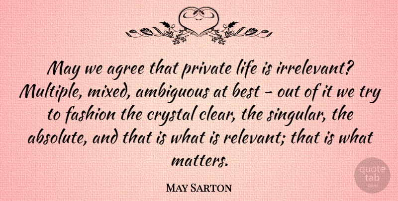 May Sarton Quote About Fashion, What Matters, Trying: May We Agree That Private...