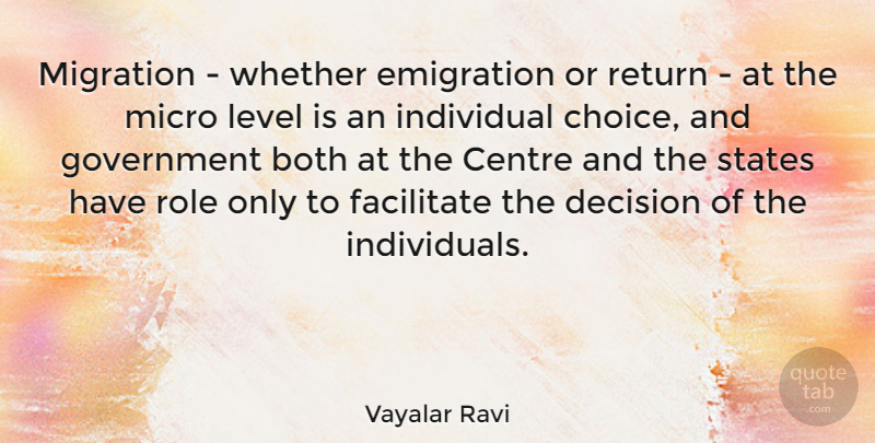 Vayalar Ravi Quote About Government, Individual Choice, Decision: Migration Whether Emigration Or Return...