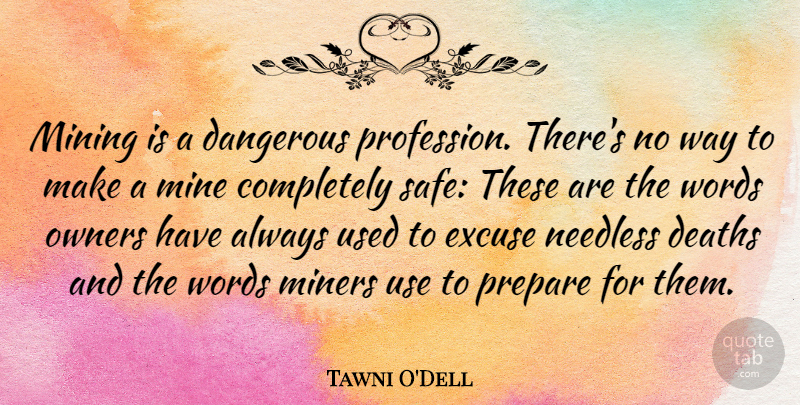 Tawni O'Dell Quote About Deaths, Excuse, Mine, Miners, Mining: Mining Is A Dangerous Profession...