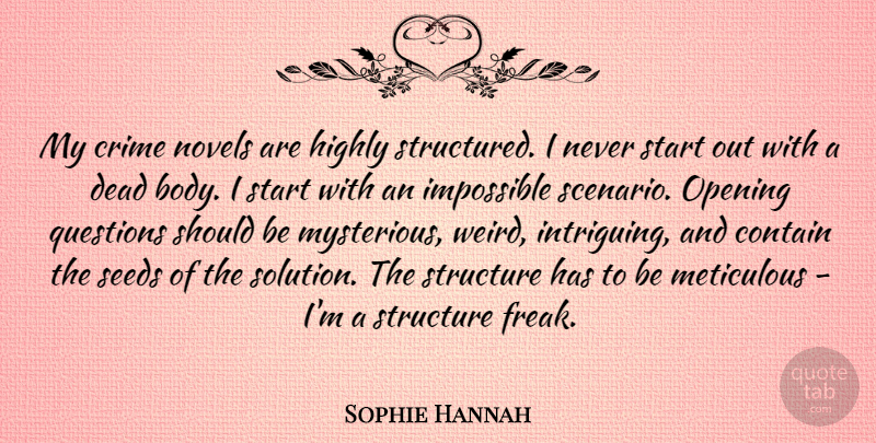 Sophie Hannah Quote About Contain, Dead, Highly, Impossible, Meticulous: My Crime Novels Are Highly...