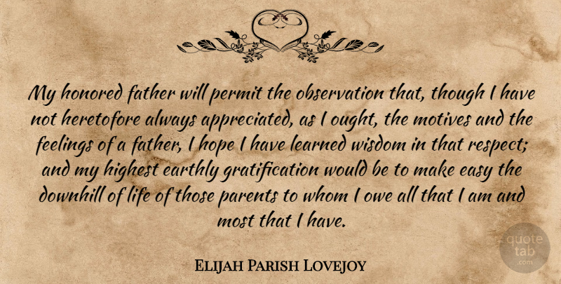 Elijah Parish Lovejoy Quote About Downhill, Earthly, Easy, Father, Feelings: My Honored Father Will Permit...