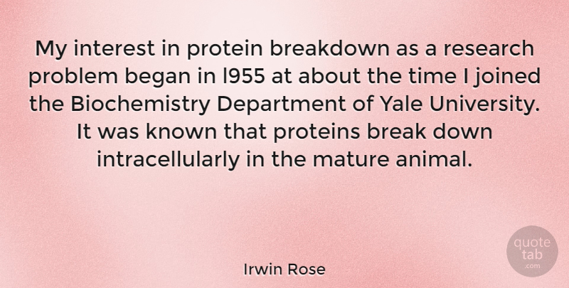 Irwin Rose Quote About Began, Break, Breakdown, Department, Interest: My Interest In Protein Breakdown...