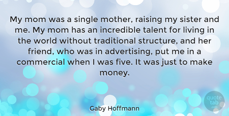 Gaby Hoffmann Quote About Commercial, Incredible, Living, Mom, Money: My Mom Was A Single...