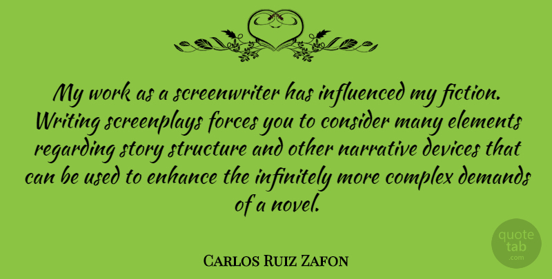 Carlos Ruiz Zafon Quote About Complex, Consider, Demands, Devices, Elements: My Work As A Screenwriter...