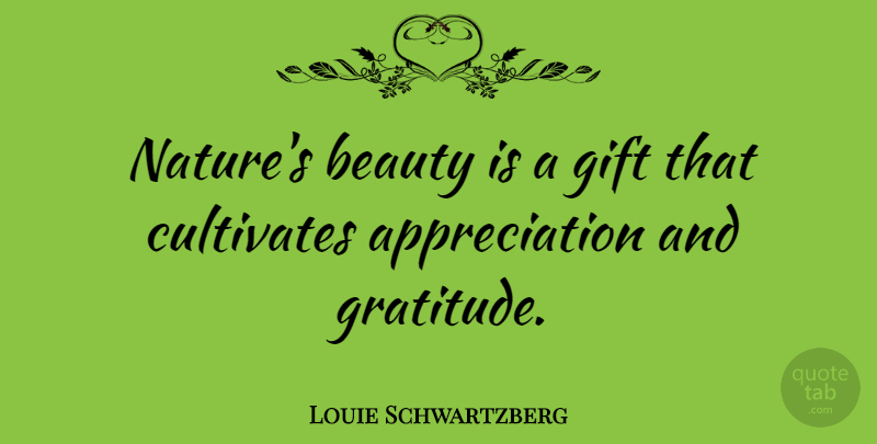 Louie Schwartzberg Quote About Appreciation, Beauty, Cultivates, Gift, Nature: Natures Beauty Is A Gift...