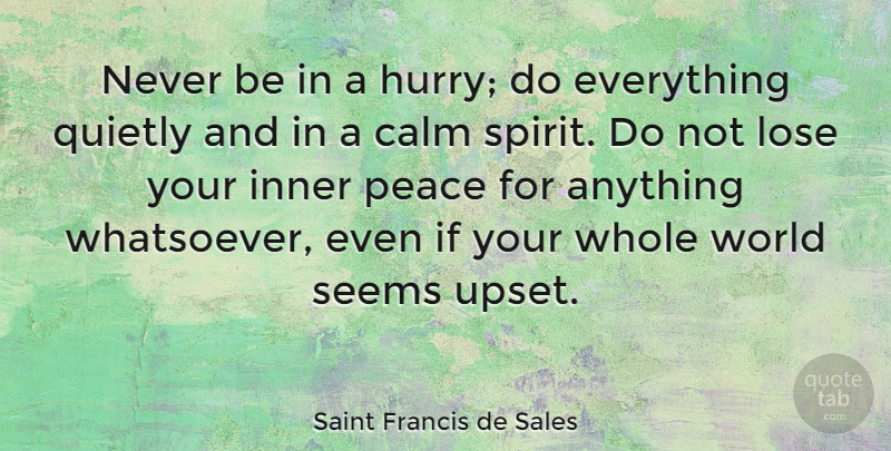 Saint Francis de Sales Quote About Spiritual, Peace, Upset: Never Be In A Hurry...