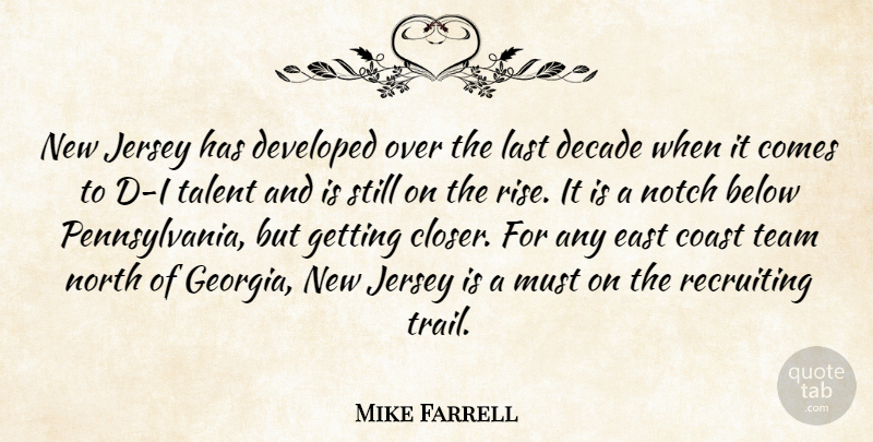 Mike Farrell Quote About Below, Coast, Decade, Developed, East: New Jersey Has Developed Over...