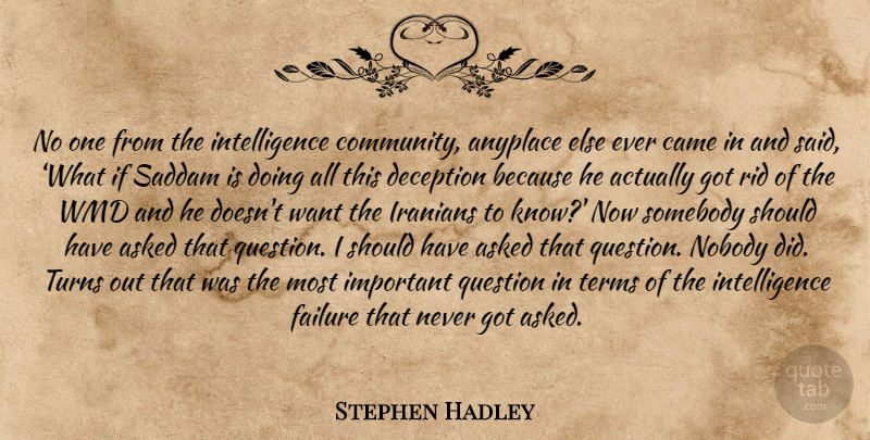Stephen Hadley Quote About Should Have, Wmd, Community: No One From The Intelligence...