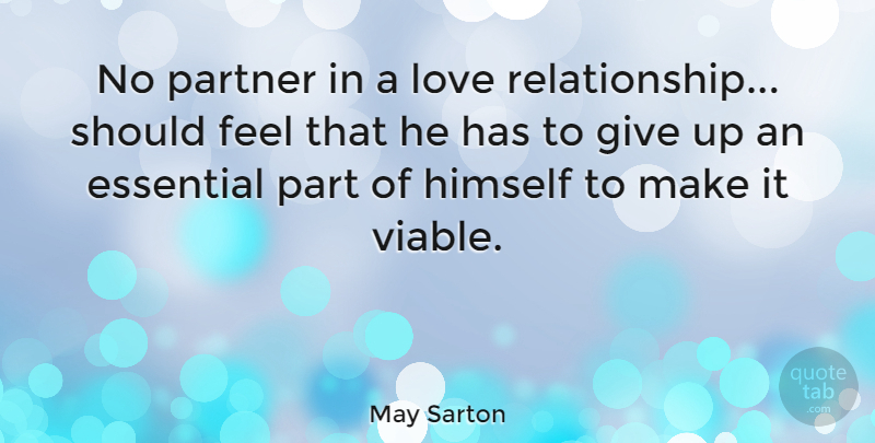 May Sarton Quote About Love, Relationship, Giving Up: No Partner In A Love...