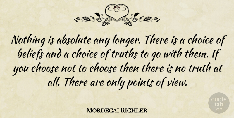 Mordecai Richler Quote About Views, Choices, Belief: Nothing Is Absolute Any Longer...