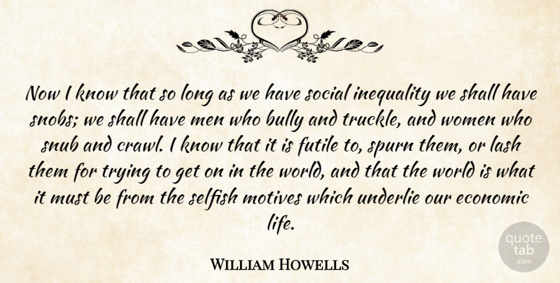 William Howells Quote About Bully, Economic, Futile, Inequality, Men: Now I Know That So...