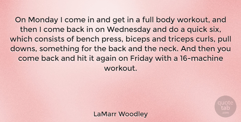 LaMarr Woodley Quote About Again, Bench, Biceps, Consists, Friday: On Monday I Come In...