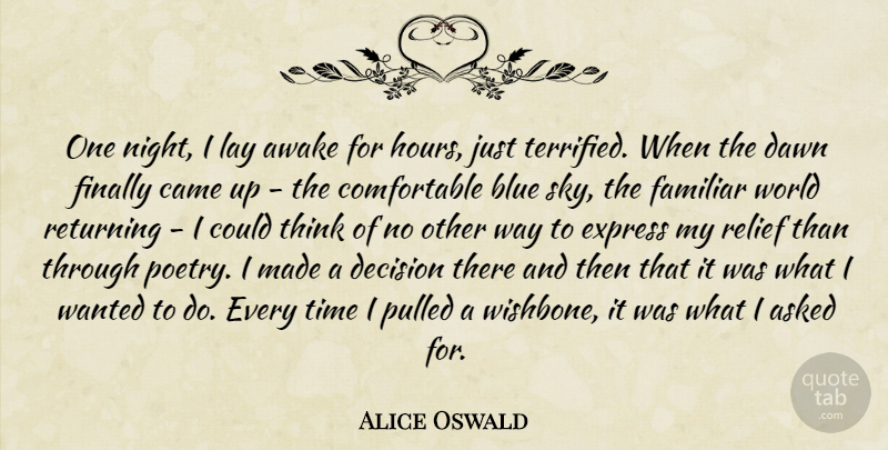 Alice Oswald Quote About Asked, Awake, Blue, Came, Dawn: One Night I Lay Awake...