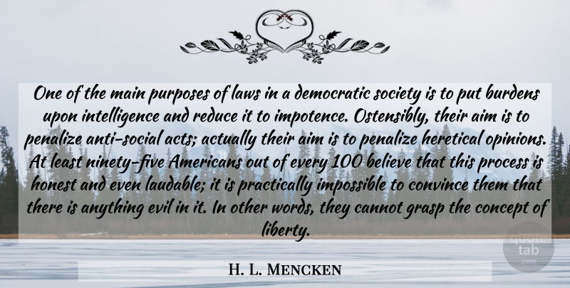 H. L. Mencken Quote About Believe, Law, Evil: One Of The Main Purposes...