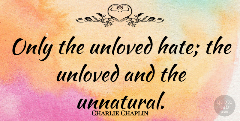 Charlie Chaplin Quote About Hate, Wicked World, Unnatural: Only The Unloved Hate The...