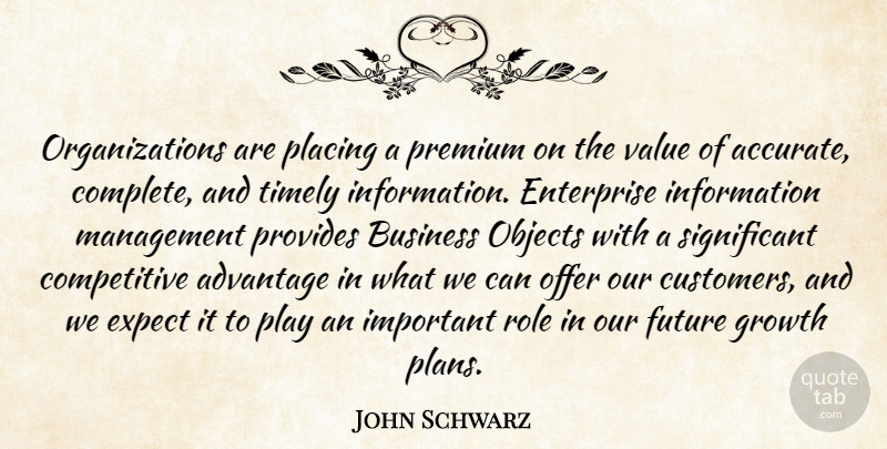 John Schwarz Quote About Advantage, Business, Enterprise, Expect, Future: Organizations Are Placing A Premium...