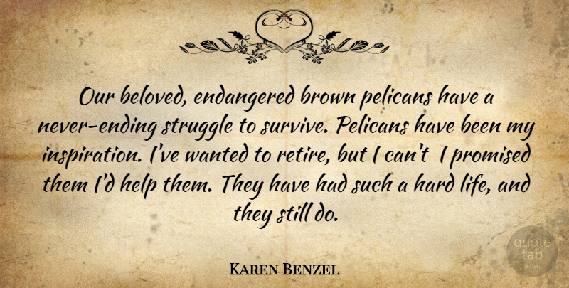 Karen Benzel Quote About Brown, Endangered, Hard, Help, Promised: Our Beloved Endangered Brown Pelicans...