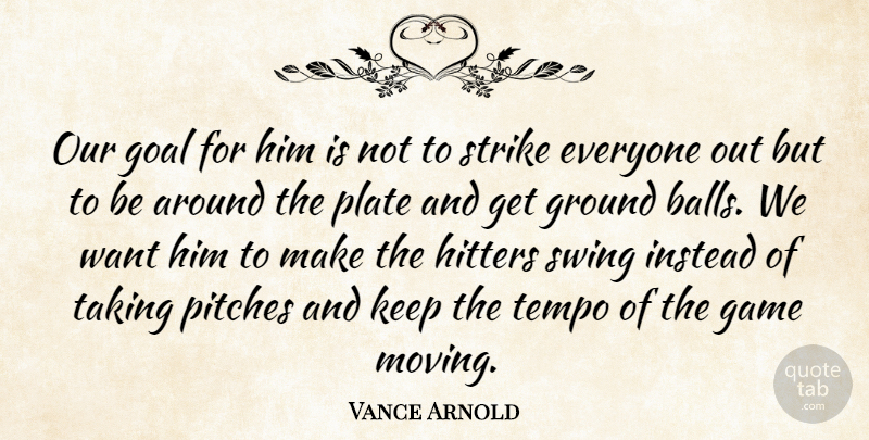Vance Arnold Quote About Balls, Game, Goal, Ground, Hitters: Our Goal For Him Is...