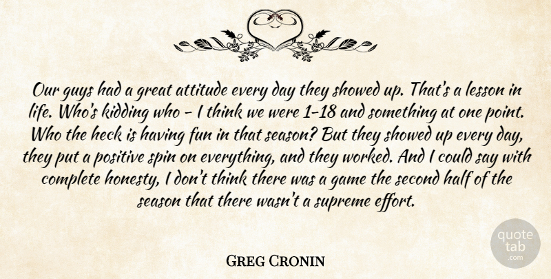 Greg Cronin Quote About Attitude, Complete, Fun, Game, Great: Our Guys Had A Great...