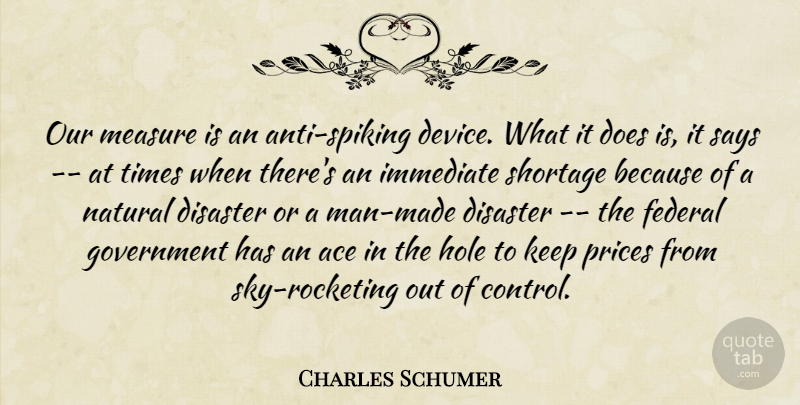 Charles Schumer Quote About Ace, Disaster, Federal, Government, Hole: Our Measure Is An Anti...
