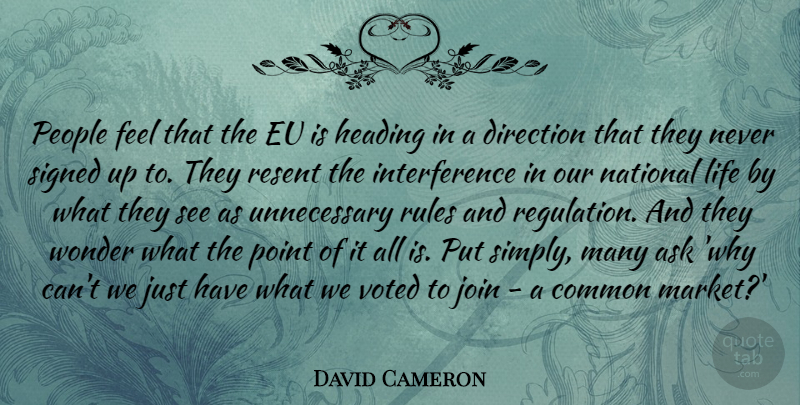 David Cameron Quote About People, Rules And Regulations, Common: People Feel That The Eu...