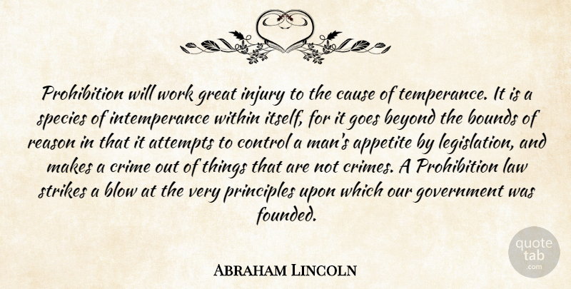 Abraham Lincoln Quote About Appetite, Attempts, Beyond, Blow, Bounds: Prohibition Will Work Great Injury...