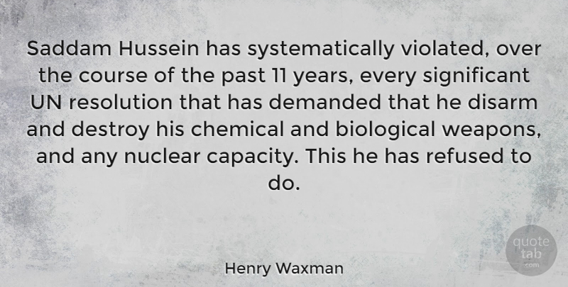 Henry Waxman Quote About Biological, Chemical, Course, Demanded, Destroy: Saddam Hussein Has Systematically Violated...