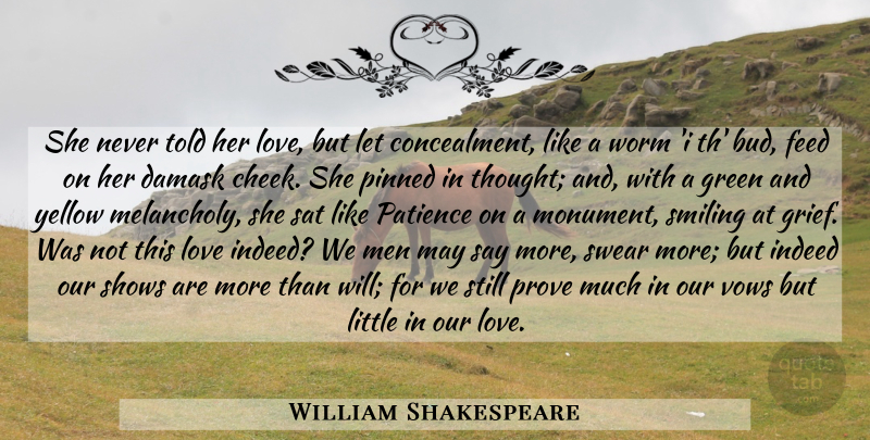 William Shakespeare Quote About Grief, Men, Yellow: She Never Told Her Love...