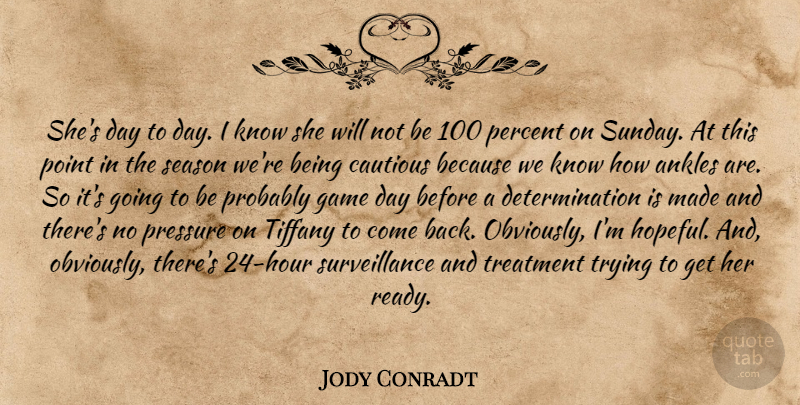 Jody Conradt Quote About Ankles, Cautious, Determination, Game, Percent: Shes Day To Day I...