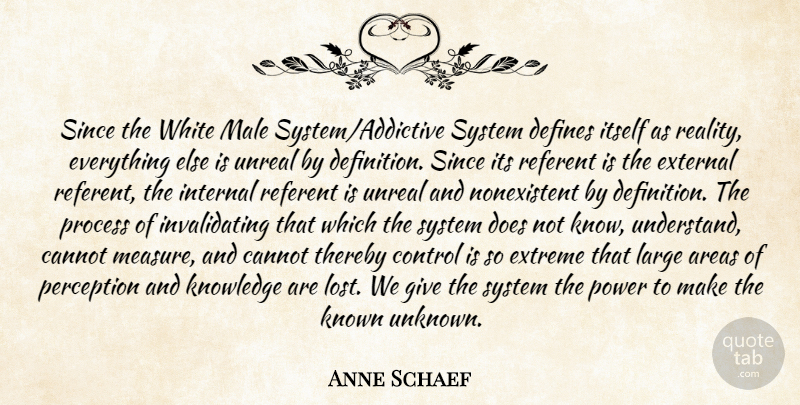 Anne Schaef Quote About Areas, Cannot, Control, Defines, External: Since The White Male System...