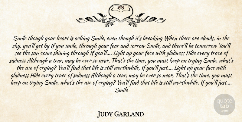 Judy Garland Quote About Aching, Although, Breaking, Face, Fear: Smile Though Your Heart Is...