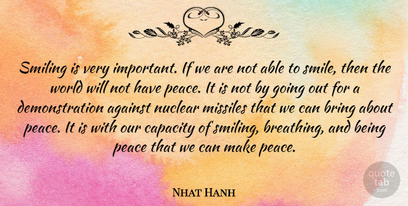Nhat Hanh Quote About Happiness, Smile, Peace: Smiling Is Very Important If...
