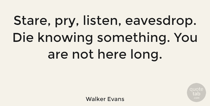 Walker Evans Quote About Knowing, Long, Staring: Stare Pry Listen Eavesdrop Die...