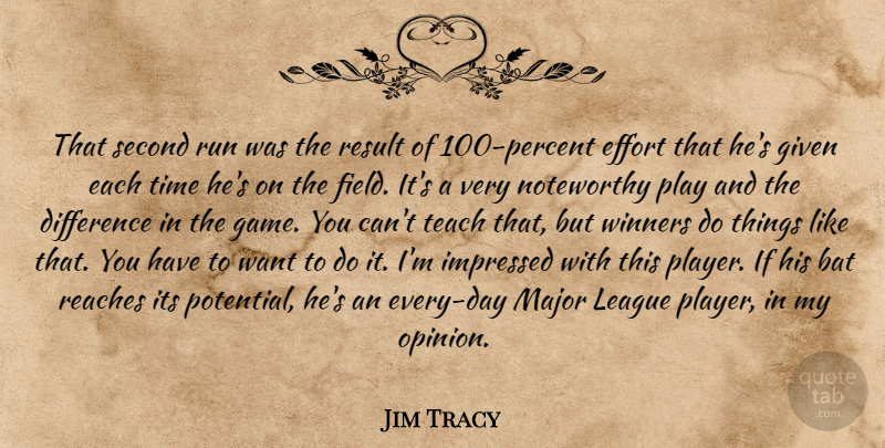 Jim Tracy Quote About Bat, Difference, Effort, Given, Impressed: That Second Run Was The...