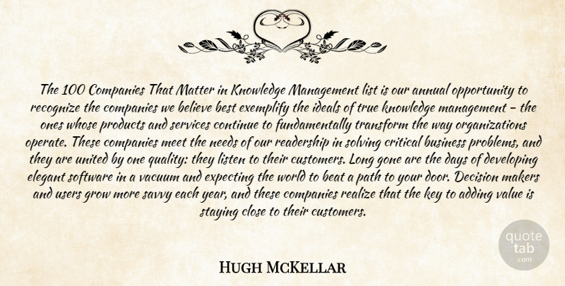 Hugh McKellar Quote About Adding, Annual, Beat, Believe, Best: The 100 Companies That Matter...