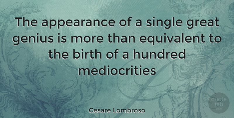 Cesare Lombroso Quote About Mediocrity, Genius, Birth: The Appearance Of A Single...