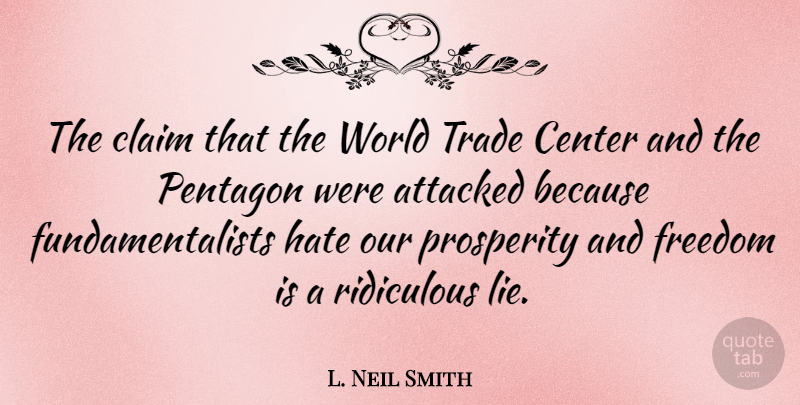 L. Neil Smith Quote About Hate, Lying, World: The Claim That The World...