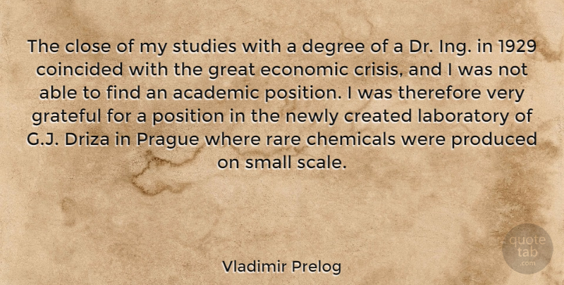 Vladimir Prelog Quote About Academic, Chemicals, Close, Created, Degree: The Close Of My Studies...